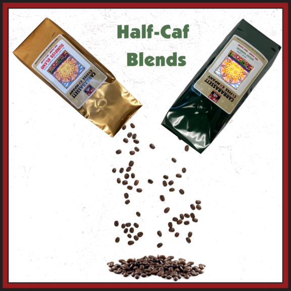 Half Caf Blends. A one pound bag of caffeinated Sunrise and a one pound bag of decaf sunrise pouring coffee beans into a combined pile.