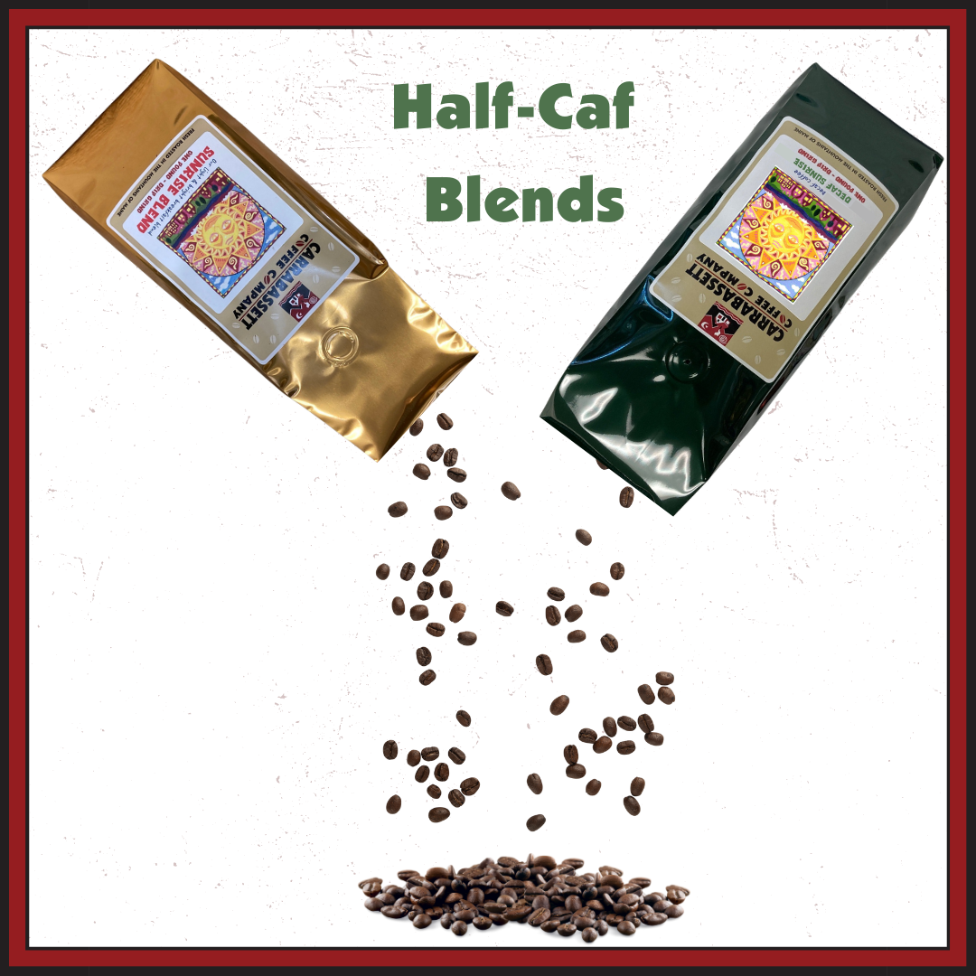 Half Caf Blends. A one pound bag of caffeinated Sunrise and a one pound bag of decaf sunrise pouring coffee beans into a combined pile.